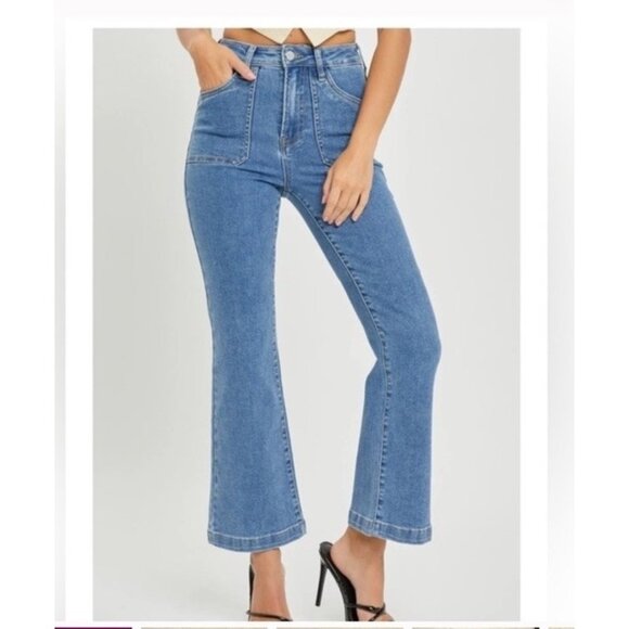 Risen Jeans High Rise Patch Pocket Kick Flare Denim Style #RDP5608 Size 3/26 - Picture 1 of 6